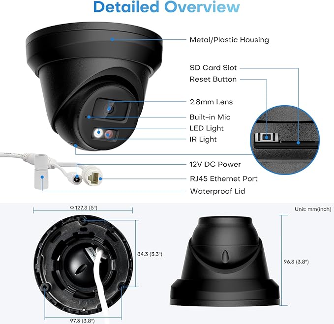 4K IP PoE Camera Outdoor, 8MP PoE Camera Black with Mic/Audio, 98ft IR/Color Night Vision, Human & Vehicle Detection, 127° FOV, MicroSD (256GB)
