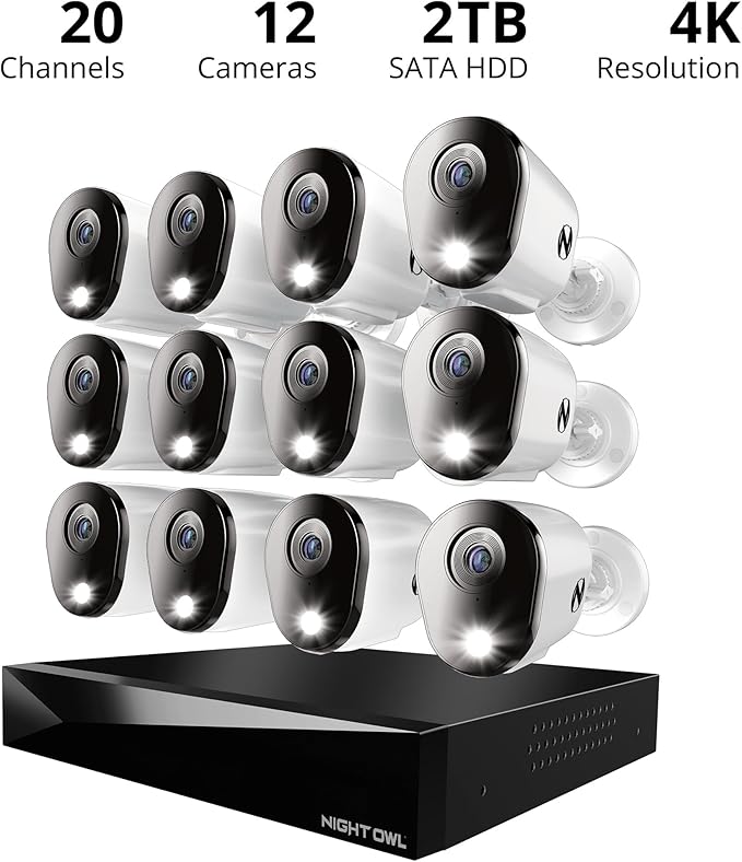 Night Owl 2-Way Audio 20 Channel DVR Video Home Security Camera System with (12) Wired 4K HD Indoor/Outdoor Deterrence Cameras and 2TB Hard Drive (Add up to 4 Wi-Fi Cameras) (12 Camera)