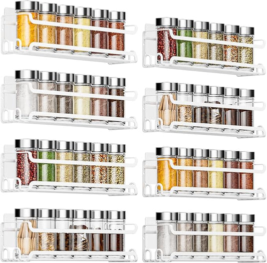 LUCYCAZ 8 Pack Wall Mounted Spice Rack with 16 Hooks, Spice Organizer Shelf for Stove Cabinet Pantry Door,Screw or Adhesive Spice Shelf Hanging Wall Spice Rack in Kitchen and RV (White, 8 PACK)
