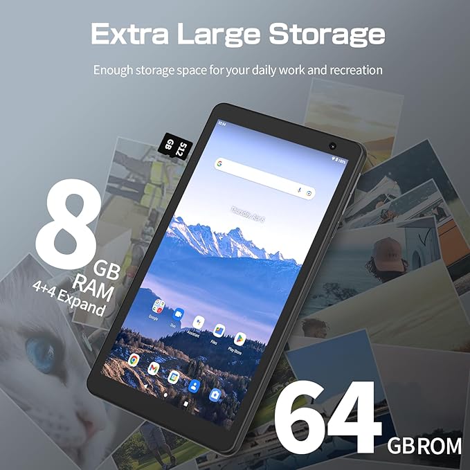 8 inch Tablet Android 14 Tablets,Quad-Core Tablet PC,8GB RAM+64GB ROM 512GB Expand,5000mAh Battery, 2+8MP Dual Cameras, Bluetooth, 2.4G/5G WiFi Tablets(Gray)