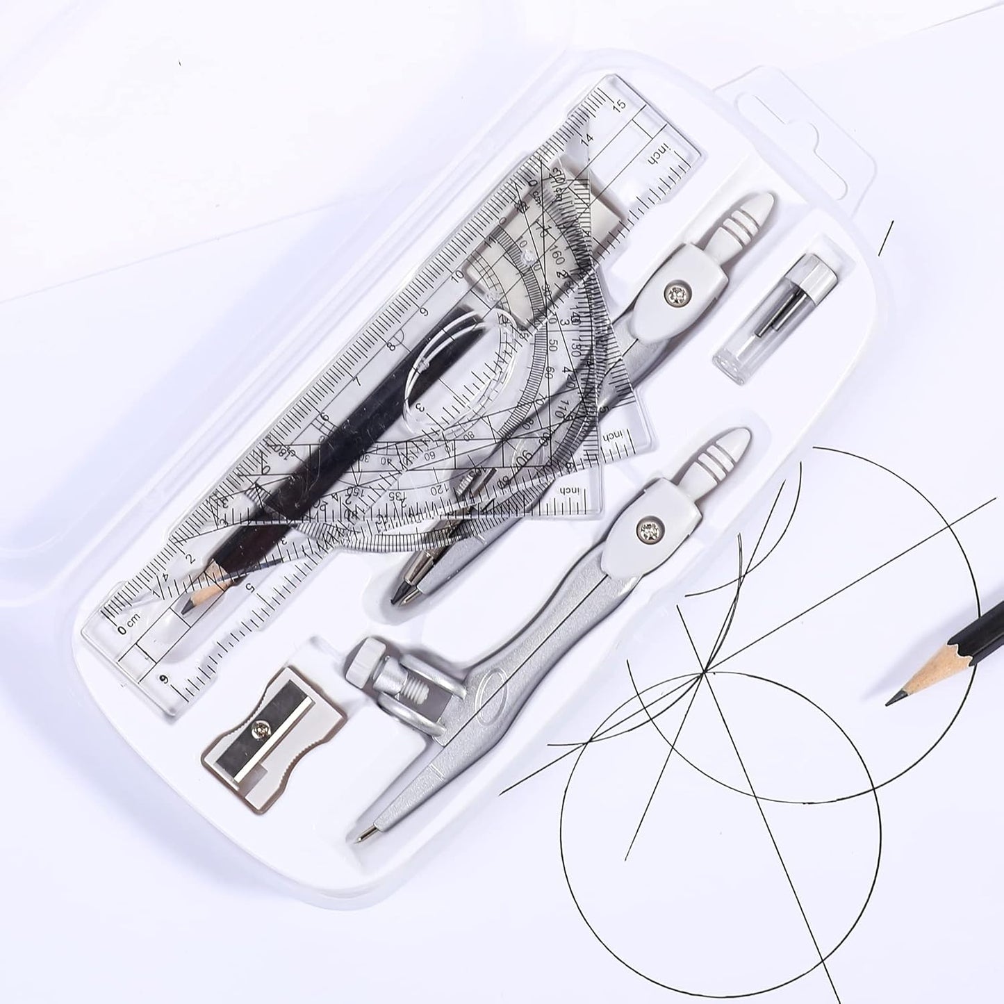 Math Geometry Kit Sets 10 Piece Student Supplies with Shatterproof Storage Box,Includes Rulers,Protractor,Compass,Eraser,Pencil Sharpener,Lead Refills,Pencil,for Drafting and Drawings（Grey）