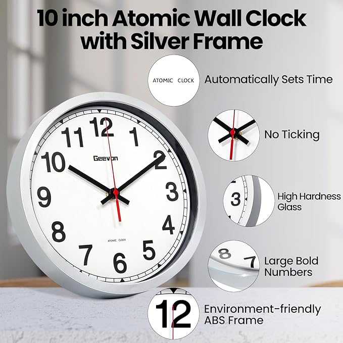 Geevon 10 Inch Atomic Wall Clock - Self-Setting Analog Clock with Automatic Time Sync - Battery Operated for Home Office School - Silver Frame