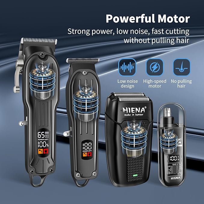 HIENA PRO Professional Hair Clipper Kit, Rechargeable Cordless Barber Kit and Hair Cutting Set, Electric Foil Shavers and Beard Trimmers, Ear, Nose Hair Trimmer Set & Facial Grooming Tool (Black)