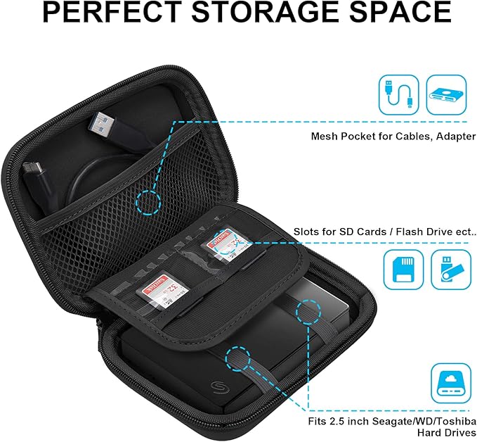 Lacdo Hard Drive Carrying Case for Seagate Portable/Game Drive for Xbox PS5, Toshiba Canvio Basics, WD My Passport Portable External Hard Drive HDD Case 1TB 2TB 4TB 5TB 6TB Shockproof Travel Bag,Black