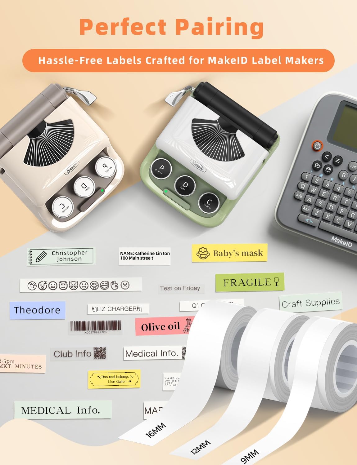 MakeID E1 Q1 Label Maker Tape Refills, 12 x 35mm (0.47" x 1.38') Die-Cut Sticker Thermal Laminated Waterproof Self-Adhesive Multipurpose Labeling Tape Replacement