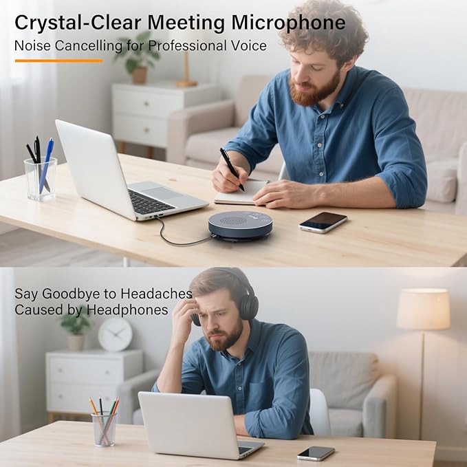 USB Speakerphone,Conference Microphone for Home Office, Omnidirectional Desktop PC Speaker with 360° Voice Pickup, Noise Cancelling, Plug & Play for Zoom/Teams/Skype, Webinar,Online Classes