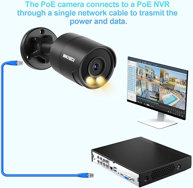 PoE Camera 4MP, Outdoor IP67 Bullet Security IP Camera, Smart Dual Light Full Color Night Vision, Built-in Mic, 2.8m Lens 110° Angle Viewing, Human/Vehicle Detection, INB4FD38F-B (Black)