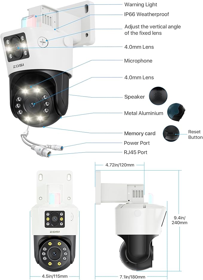 ZOSI 4K Dual-Lens PoE Security Camera System, 4 x 4K 8MP Pan/Tilt (2x4MP) PoE 360 Camera Outdoor, Person/Vehicle Detect, Spotlight Siren, Color Night Vision, 8CH 8MP NVR with 2TB HDD (16CH Expandable)