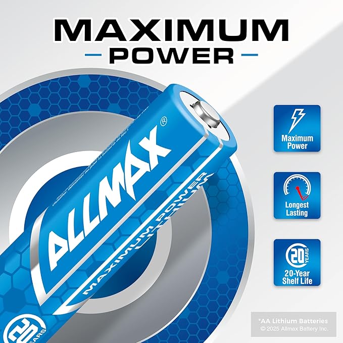 Allmax AA Maximum Power Lithium Batteries (12 Count) – Longest Lasting, Leakproof, 20-Year Shelf Life, Ultimate Performance, Perfect for Blink Security Cameras (1.5V)