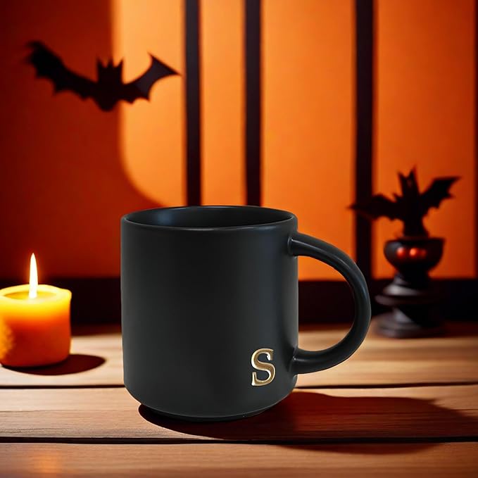 COLLECTIVE HOME - Black Monogram Ceramic Mugs, 15 oz Golden Initial Coffee Cups, Elegant Alphabet Tea Mugs, Personalized Halloween Mug with Gift Box, Perfect for Office and Home Décor (s)