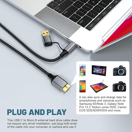 USB A/Type C to USB Micro B Data Transfer Cable Compatible with Nikon D500 D800 D810 D850, Canon EOS 5D Mark IV, 5DS R Camera, Galaxy S5, Note 3, Seagate, WD, Toshiba External Hard Drive, 5ft