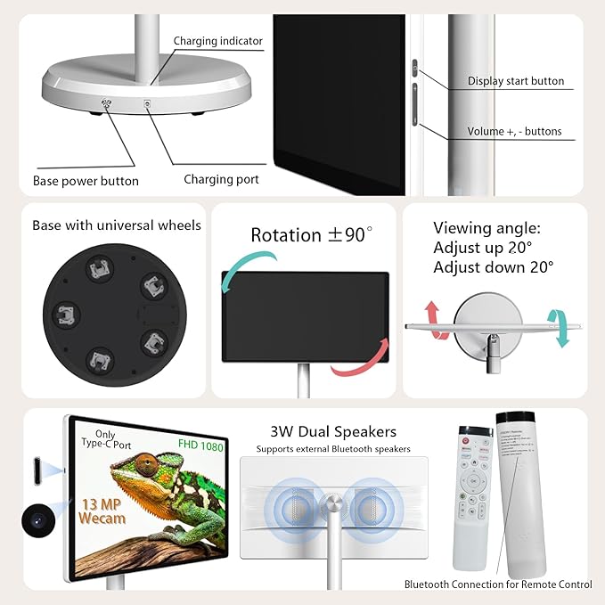 OFD 21.5 Inch 2nd Gen Portable TV on Wheels 1080P,100%sRGB,6+128GB Storage,Android 15 OS Touchscreen RollingTV with 13MP Webcam,Remote Control,Wireless Projection,6000 mAh Battery,EDLA-Certified,White