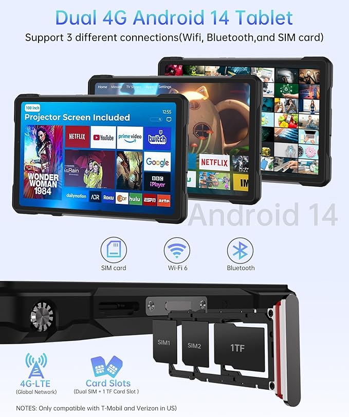 8849 Tank Pad E Tablet Android 14, Dual 4G 10.95'' Rugged Projector Tablet 24GB RAM, 21000mAh Octa-core Waterproof Outdoor Unlocked Tablets 512GB ROM, 50MP+32MP Camera, Camping Light/WiFi/BT 5.3/GPS