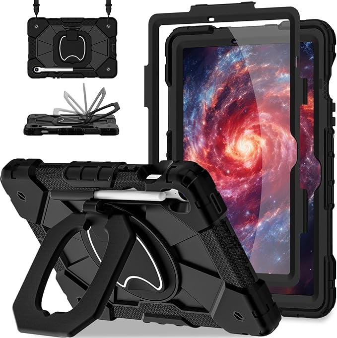 Case for Samsung Galaxy Tab S10 Lite / S10 FE / S9 FE 10.9 Inch & Galaxy Tab S9 11 Inch, Rugged Samsung S10 Tablet Case with Pen Holder 360 Rotating Stand Shoulder Strap Screen Protector, Black