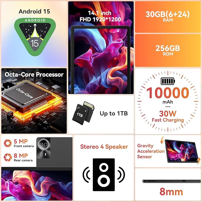 Tablet｜14 inch Android 15 Tablet｜30GB RAM 256GB ROM｜1920 * 1200 IPS FHD｜10000mAh 30W Fast Charging｜Octa-core Processor｜Wi-Fi 6, BT 5.4｜Dual Camera with Keyboard｜Mouse｜Stylus｜Case｜Headphone