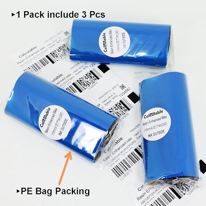 3Count 4.33" x 243' (110mmx74m) Resin Enhanced Wax 1/2" Core Thermal Transfer Wax Ribbon for Label, Tag & Barcode Printing for Zebra,TEC,DATAMAX,INTERMEC,Avery,Citizen,SATO,TSC,GODEX,ARGOX