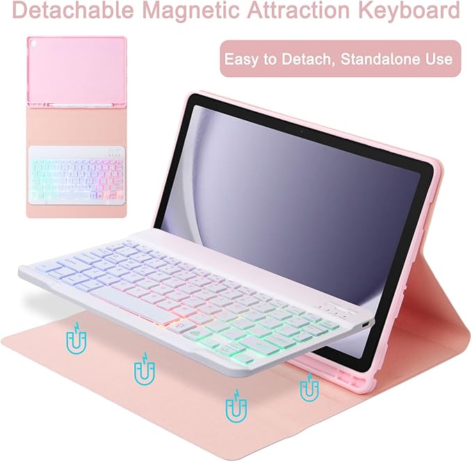 Keyboard Case for Samsung Galaxy Tab A9+/A9 Plus 11 Inch 2023 (SM-X210/X216/X218), Detachable Color Backlit Bluetooth Keyboard and Mouse, Slim Lightweight Stand Cover with Pen Holder (Pink)
