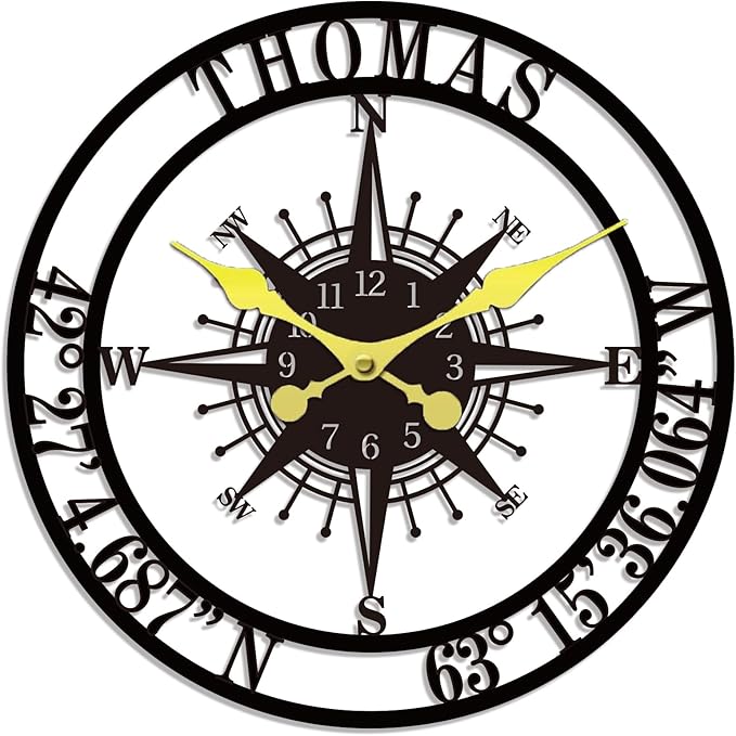 Personalized Metal Wall Clock Custom Compass Clock with Family Name and Coordinates Decorative Steel Wall Art for Living Room Bedroom Kitchen Housewarming Wedding Gift