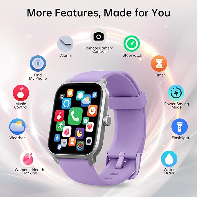 Smart Watches for Women with Alexa & Bluetooth Call,1.85" HD Screen Fitness Tracker,30-Day Battery,Heart Rate/Sleep/SpO2 Monitor,100+ Sports Modes,2ATM Waterproof Smartwatch for Android iPhone(Purple)