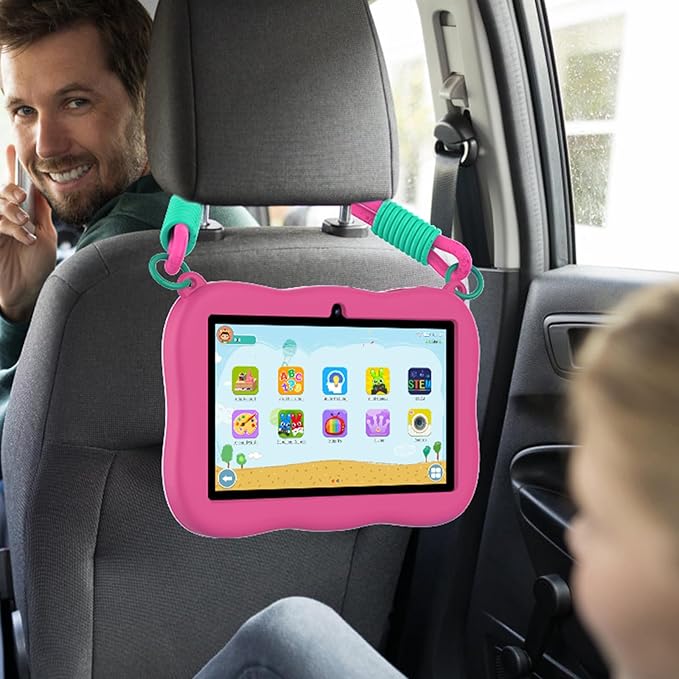 VASOUN 7 inch Kids Tablet with Strap, Android 13 with 32GB Toddler Tablet,WiFi, Dual Camera,Time Limits, Age Filters,Parental Controls,Kids Software Pre-Installed with Silicone Case (Pink)