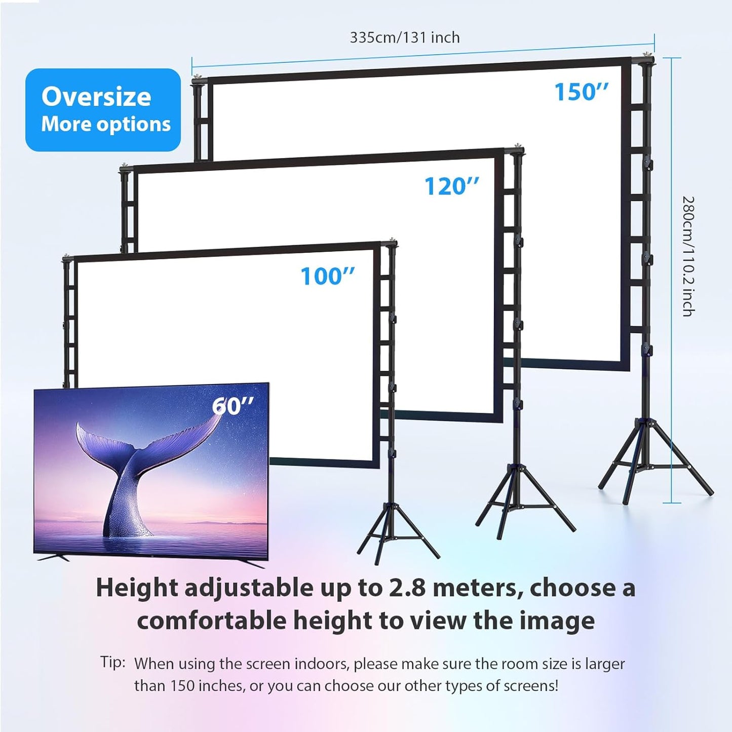 Outdoor Projector Screen with Stand 150 Inch: VOOPVOR Portable Projection Screen and Stand, Indoor Rear Front Movie Screen 16:9 4K HD, with Carry Bag,Support Height Adjustable for Home Theater Camping