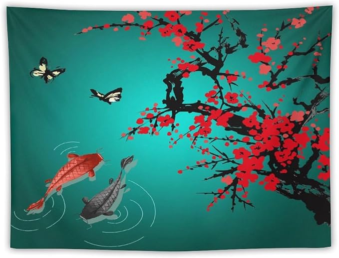 Houselerax Japanese Koi Fish Tapestry, Cherry Blossoms Asian Oriental Green Teal Floral Branch Koi Fish Carp Tapestries Wall Hanging for Bedroom Living Room Office Decor 90"x60"