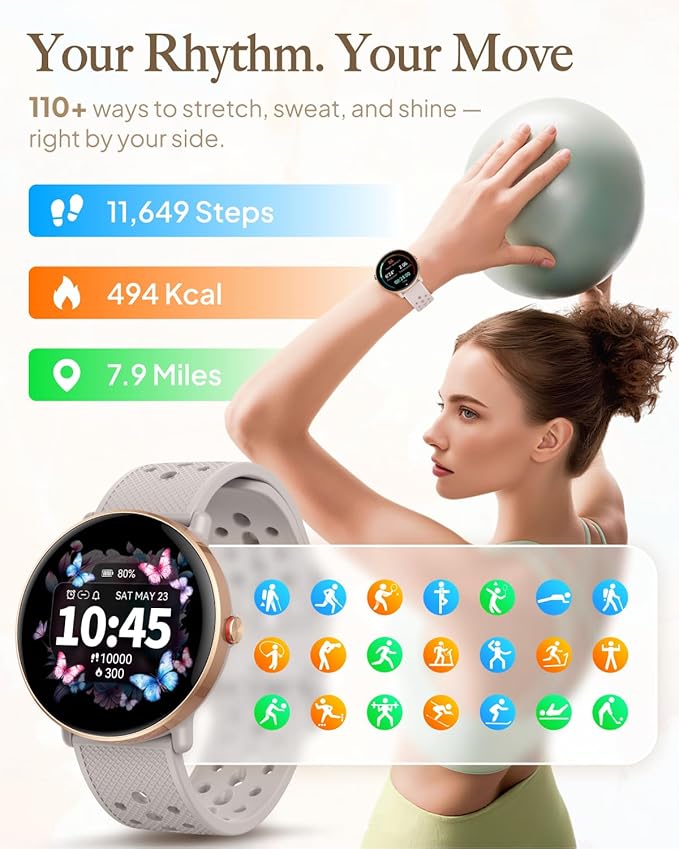 Smart Watch for Women Men, for Android iOS with Sleep Monitor, Pedometer Fitness Tracker, Bluetooth Call, IP68 Waterproof, 112+ Sport Modes Calorie Counter Round Smartwatch (Casual, Gold-Pink, 1.39)