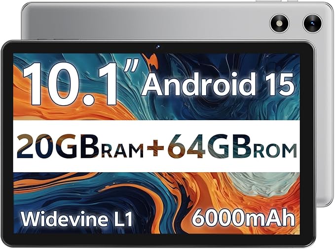 Android Tablet 10 Inch, 2025 Android 15 Tablet for Kids Adults, 20GB RAM 64GB Storage 1TB Expandable, Dual Cameras 8MP 2MP, 6000mAh Dual Speakers WiFi 6