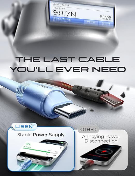 LISEN for iPhone Air 17 Charger Cord USB Cable 10FT, Chubby 100W Soft Silicone USB C to USB C Fast Charging Cable, Long USBC to USBC for iPhone 17 16 15, Samsung S25, MacBook Pro/Air, Blue