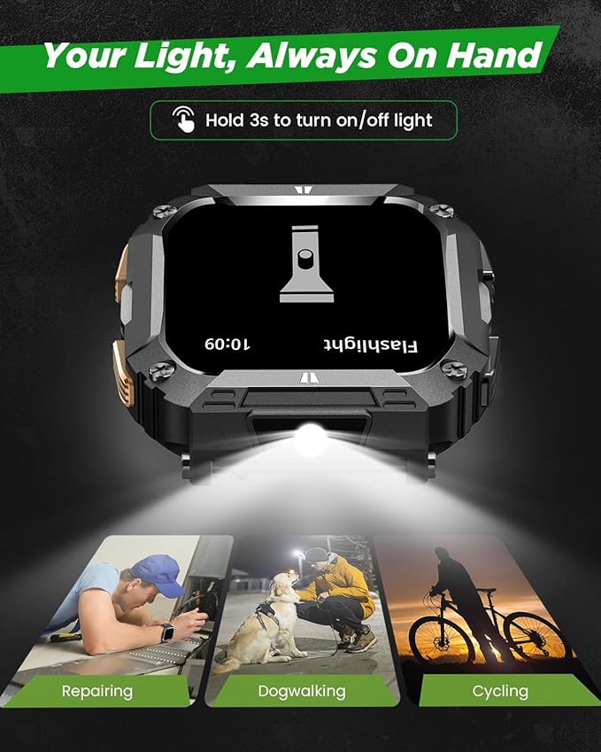 Smart Watches for Men, 1.95'' Mens Military Smart Watch for Android & iPhone, Waterproof Fitness Tracker Watch with Flashlight/100 Days Battery Life/Call/Heart Rate Sleep Monitor/100+ Sport Modes