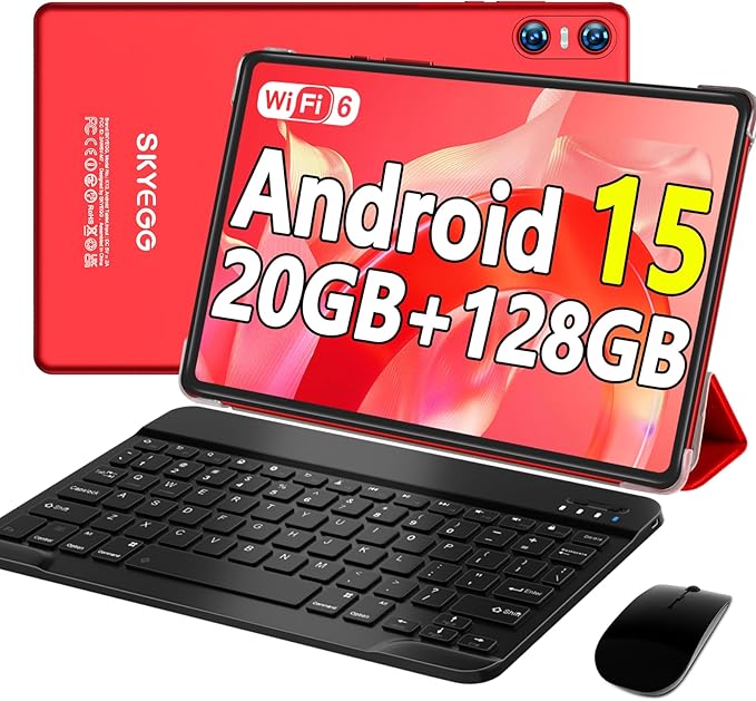 Android 15 Tablet with Keyboard Mouse, 20GB RAM + 128GB ROM (Expand to 1TB), 10.1 Inch Octa-Core Tablets with WiFi 6, Dual Camera, 1280x800 IPS Display, 6000mAh Battery, Widevine L1 - Red