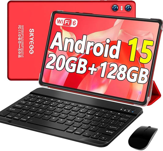 Android 15 Tablet with Keyboard Mouse, 20GB RAM + 128GB ROM (Expand to 1TB), 10.1 Inch Octa-Core Tablets with WiFi 6, Dual Camera, 1280x800 IPS Display, 6000mAh Battery, Widevine L1 - Red