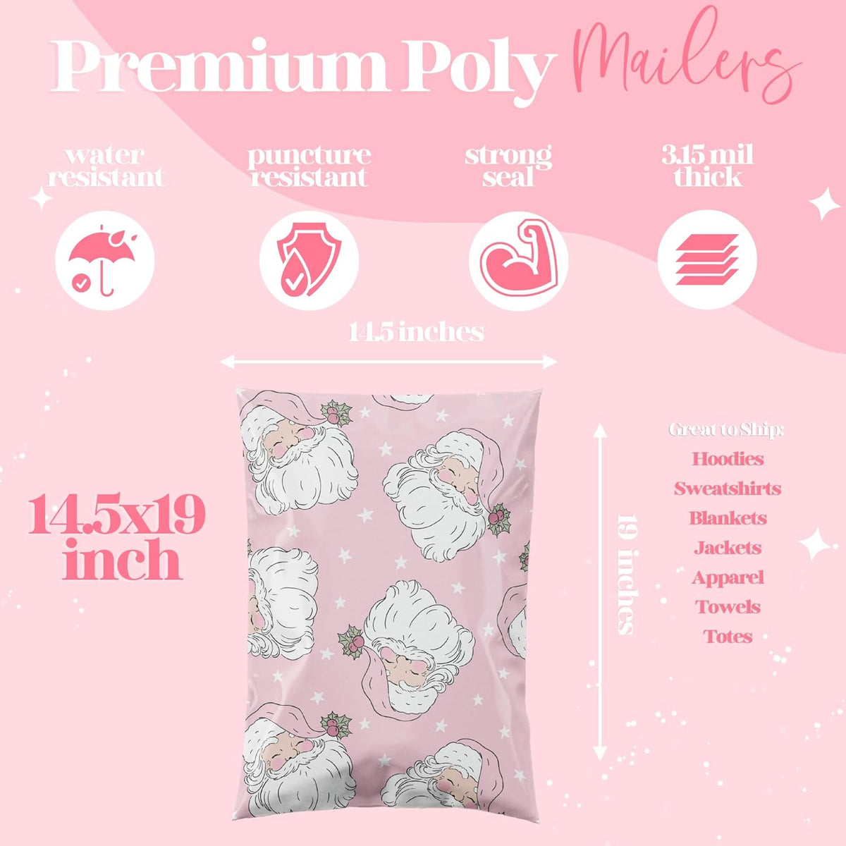 10x13 Designer Christmas Holiday Poly Mailer 100 Pack Heavy Duty Waterproof Self Seal Shipping Bags Large Mailing Envelopes Bulk Tear Resistant Cute Packaging Pink Santa