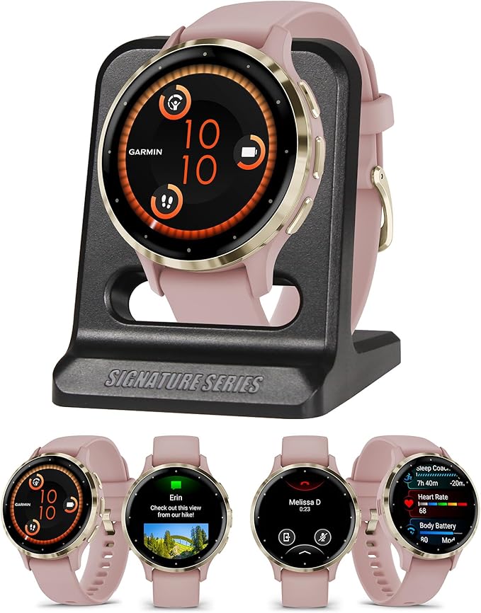 Garmin Venu 3S Running GPS Smartwatch with AMOLED Display, Advanced Health, Fitness Features, Up to 14 Day Battery Life with Signature Series Modern Power Stand | Gold with Dust Rose Silicone Band