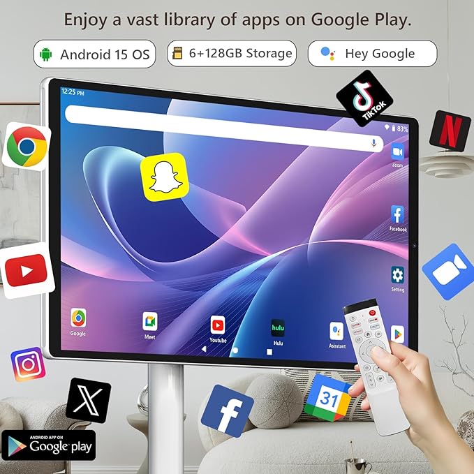 OFD 21.5 Inch 2nd Gen Portable TV on Wheels 1080P,100%sRGB,6+128GB Storage,Android 15 OS Touchscreen RollingTV with 13MP Webcam,Remote Control,Wireless Projection,6000 mAh Battery,EDLA-Certified,White