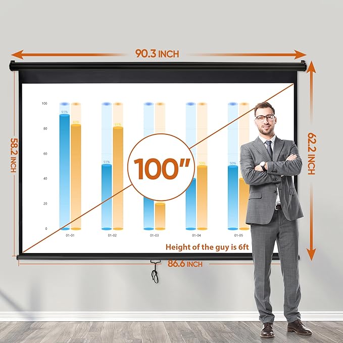 ZENY Portable Projector Screen Pull Down, 100 Inch 16:10 Video Projection Screen Home Theater, Retractable Projector Screen, Moive Screen Indoor Outdoor, Wall Mount (100'' 16:10 Black)