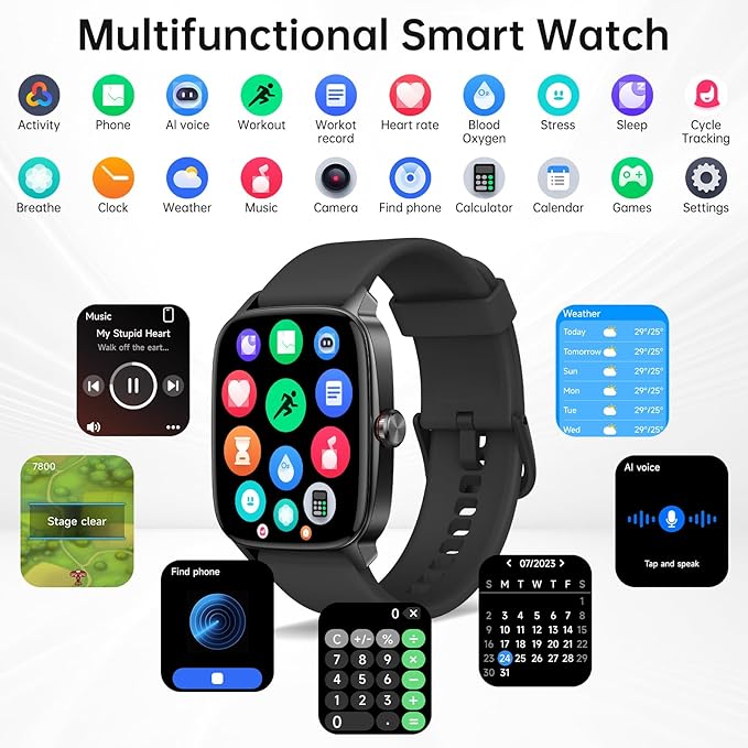 Smart Watches for Women Men with Bluetooth Call & AI Voice, 1.85" HD Fitness Tracker with Heart Rate SpO2 Sleep Monitor, 100+ Sports Modes,Mini Games, IP68 Waterproof Smartwatch for Android iOS Phones
