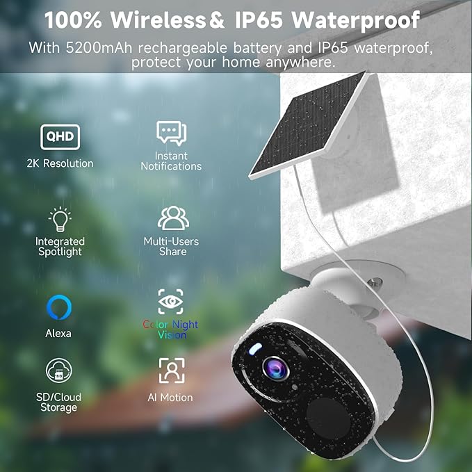 4pcs Solar Security Camera Wireless Outdoor, 2K WiFi Outdoor Camera for Home Security with Solar Panel, 24/7 Recording,AI Motion Detection,Color Night Vision, IP65 Waterproof, 2 Way Audio,SD/Cloud