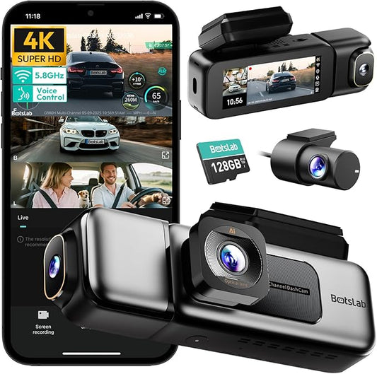 BOTSLAB 4K 3 Channel Dash Cam Front and Rear/Inside, 360°Dash Camera with 3.18" Touch Screen, Night Vision Dashcam, Voice Control, 24/7 Parking Mode Car Camera, Free 128GB Card 5.8GHz WiFi & GPS