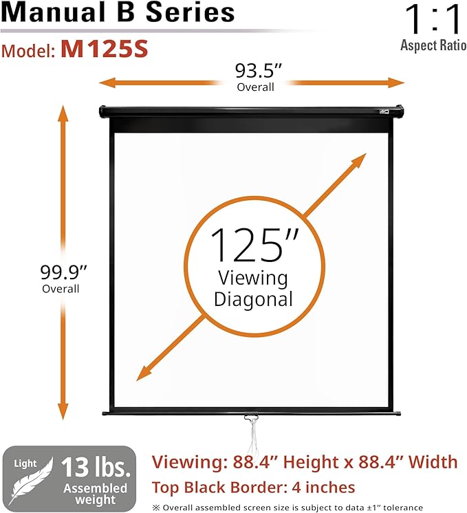 Elite Screens Manual B 125-INCH Manual Pull Down Projector Screen 1:1 Diag 4K 8K 3D HD Home Movie Theater Slow Retract Mechanism, M125S