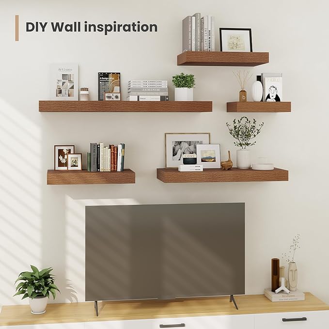 Heimlove 12 Inch Deep Floating Shelves, 16 x 12 inches Long Wall Shelf, Large Extra Display Shelf & Storage Shelf, Rustic Wood Wall Shelves for Fireplace Mantel, Walnut - 2Pack