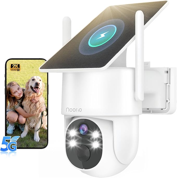 Noorio Solar Security Camera Wireless Outdoor, 2K Cameras for Home Security, 4MP 360° Camera with Dual Band WiFi 2.4/5G, AI Human Detection, Color Night Vision, Fixed Solar Panel, IP65, 2 Way Audio
