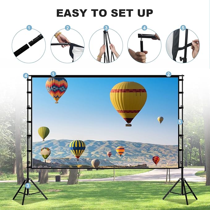 150"-Projector-Screen-with-Stand,HUANYINGBJB Outdoor Projection Screen, Portable 16:9 4K HD Rear Front Movie Screen with Carry Bag for Theater Backyard Movie Night,Cinema School, Churches, Parties