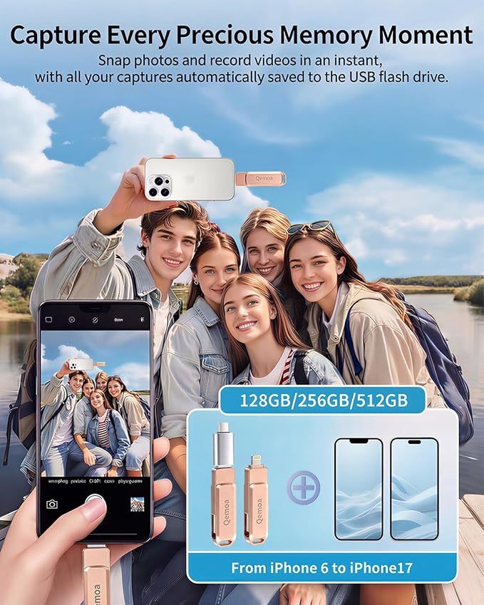 MFi Certified 256GB Flash Drive Photo Stick for iPhone, External Memory Photo Keeper Storage for Data Saver/Backup/Transfer Files/Picture/Video/iPhone/iPad/iOS/Android/PC (Pink)Available Space: ~244GB
