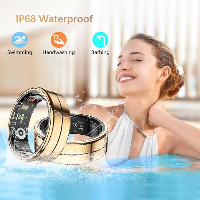 Fit Ring, Smart Health Rings for Women Men with Heart Rate,Blood Oxygen,HRV,Stress Level, Sleep Monitor, Step Tracker, No Subscription Fee, IP68 Waterproof Smart Ring for iphone &Android (Gold, 8#)