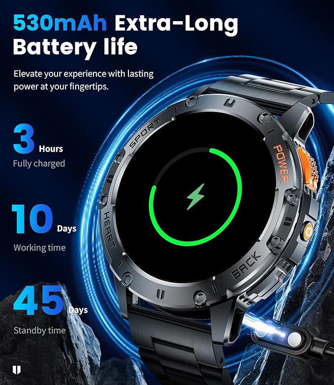 LIGE 1.43" AMOLED Smart Watch for Men with Flashlight, Bluetooth Calling, 100+ Sport Modes, 530mAh, IP68 Waterproof Fitness Tracker for Workout, iOS Android Compatible, Black Steel Camouflage Silicone