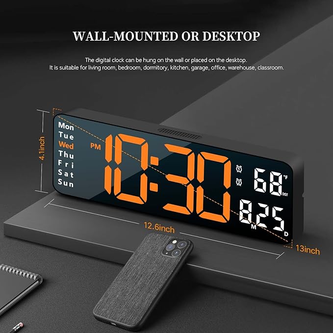 Abovsare Digital Wall Clock for Living Room Decor, Desk Alarm Clock for Bedroom, Large Wall Clock with Remote Control, Automatic Brightness Dimmer LED Clock with Date Temperature Week (Orange-B)