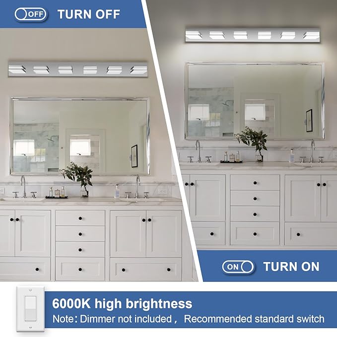Modern LED Bathroom Lights Fixtures(6-Light),Stainless Steel Chrome Acrylic Wall Lighting,Vanity Lights for Bathroom Over Mirror(6000k 41in)