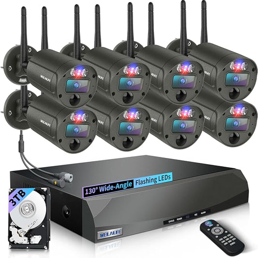 【130° Wide Angle & 2-Way Audio】 Outdoor Wireless Security Camera System, Wireless Cameras for Home Security, WiFi Video Surveillance Systems DVR Kits