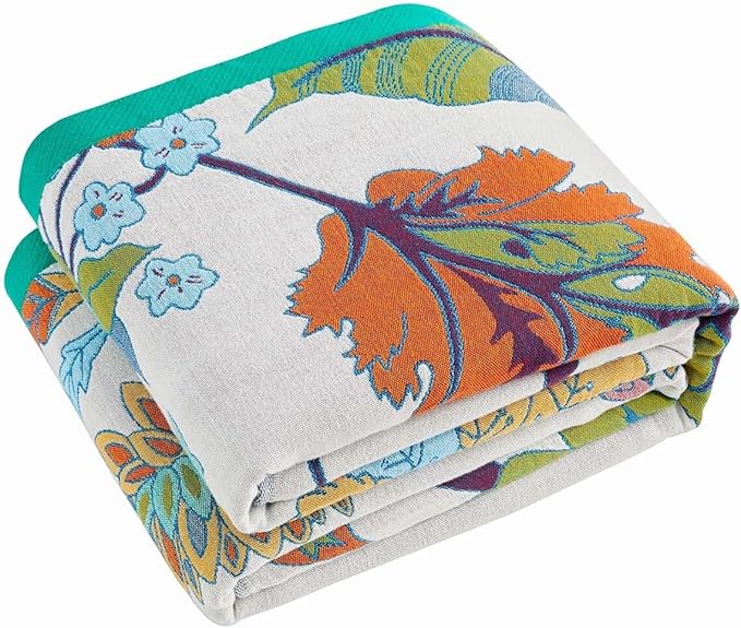 Summer Throw Blanket, 90"x98" Reversible Bohemian Flower Blanket, 100% Cotton Muslin Breathable Woven, Farmhouse Decorative Throw Blanket
